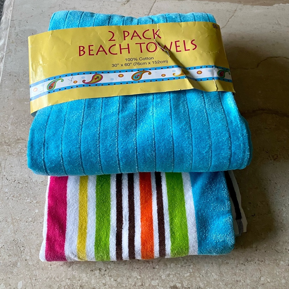 2-Pack Bright Aqua & Multicolor Stripe Beach Towels